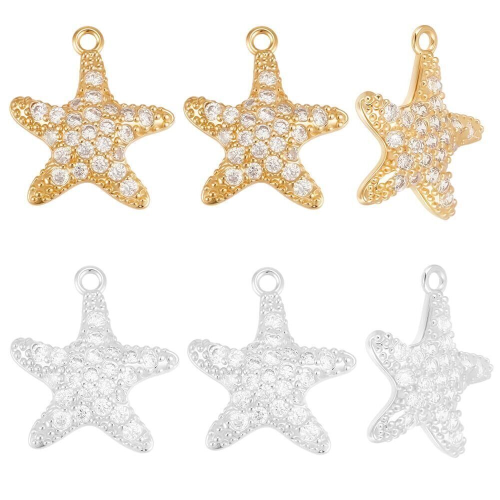 6477 1 Box 10Pcs Cubic Zirconia Starfish Charms 18K Gold Plated Brass Sea
